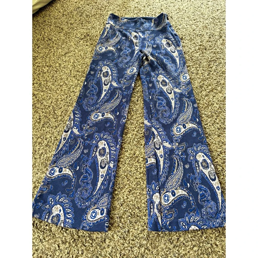 Maeve by Anthropologie Metallic Paisley  Blue Wide-Leg Pants Zip Zipper 4